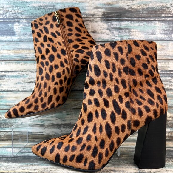 Vince Camuto Ankle Boots Womens 10M Brown Cow Hair Leopard Print Pointed Toe Zip - Picture 2 of 14